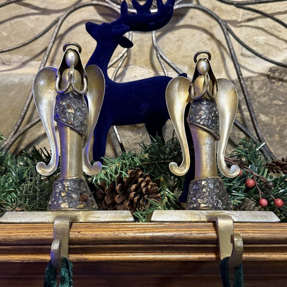 Pier 1 Imports Angel Christmas Stocking Hanger Holder Pair Iron Antique Pewter
